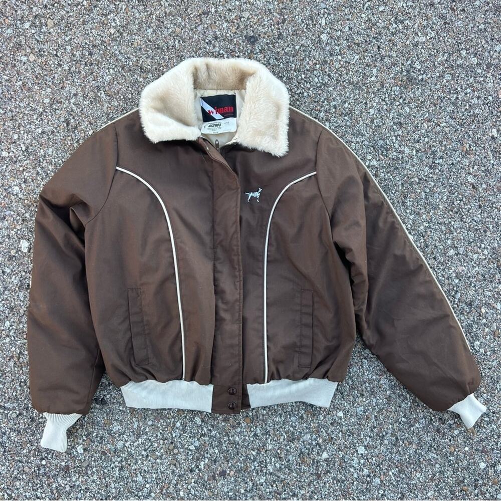 Vintage 70s Wiman Faux Sherpa Fur collar Bomber Jacket Brown Cream Womens Large